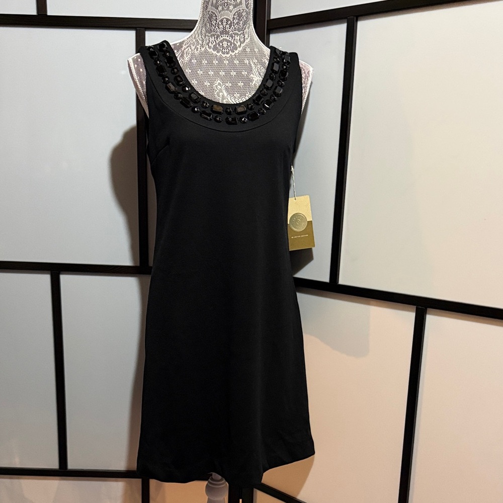Sleeveless Black Mini Dress with Embellished Scoop Neck